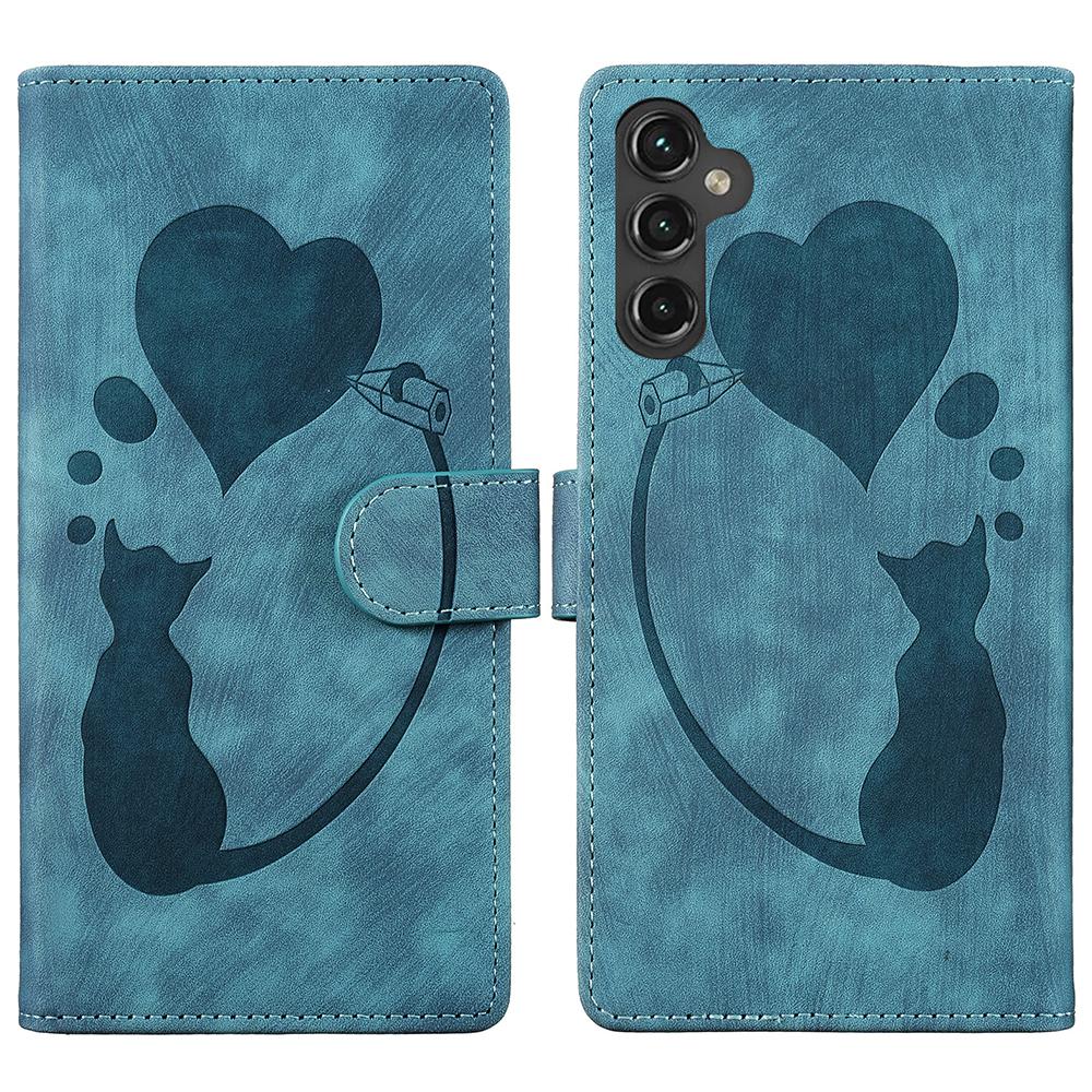 

For Samsung Galaxy S24 FE Case Heart Cat Folding Stand PU Leather Phone Cover Blue