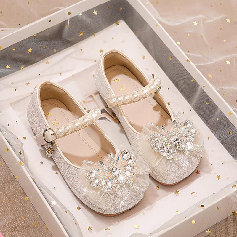 

2026 Spring/Autumn Girls Princess Rhinestone Leather Shoes Size 23, Insole 14.0 cm брудно-білий