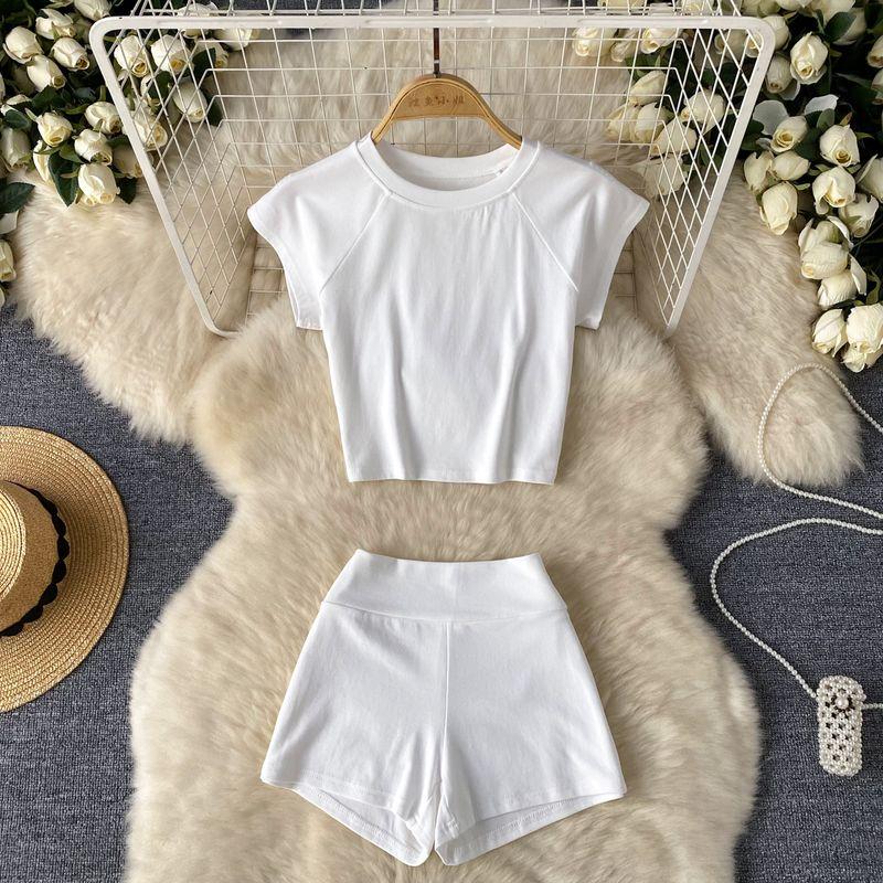 Minimalist Style Athleisure Pure Color Pure Desire Sexy Suit Women's Summer O-neck Short T-shirt + High Waist Figure Flattering Shorts