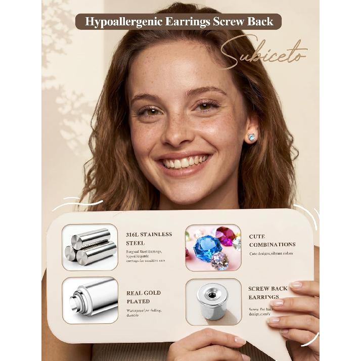 14 Pair Hypoallergenic Stud Earrings for Women Surgical Stainless Steel Screw Back Earrings for Sensitive Ears Cute Pearl Bow Heart Butterfly Studs