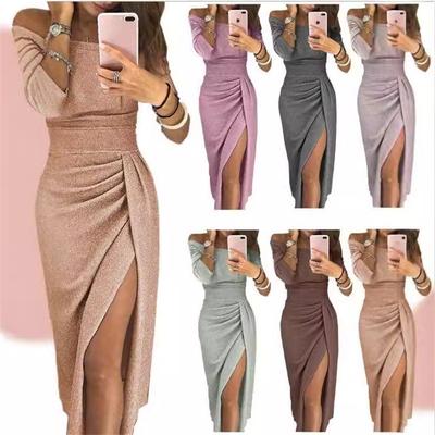 Ladies Bag Hip Slit Solid Color One-shoulder Tight-fitting Waist Dress Shiny Elegant Dress Skirt Dinner Dress