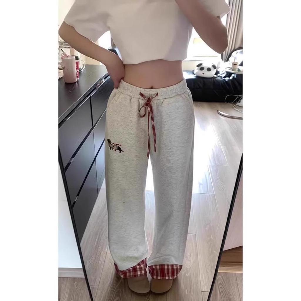 Plaid Patchwork Grey Unisex Sweatpants, Heavyweight, Loose Straight Leg, Sporty Casual Wear for Spring and Autumn.