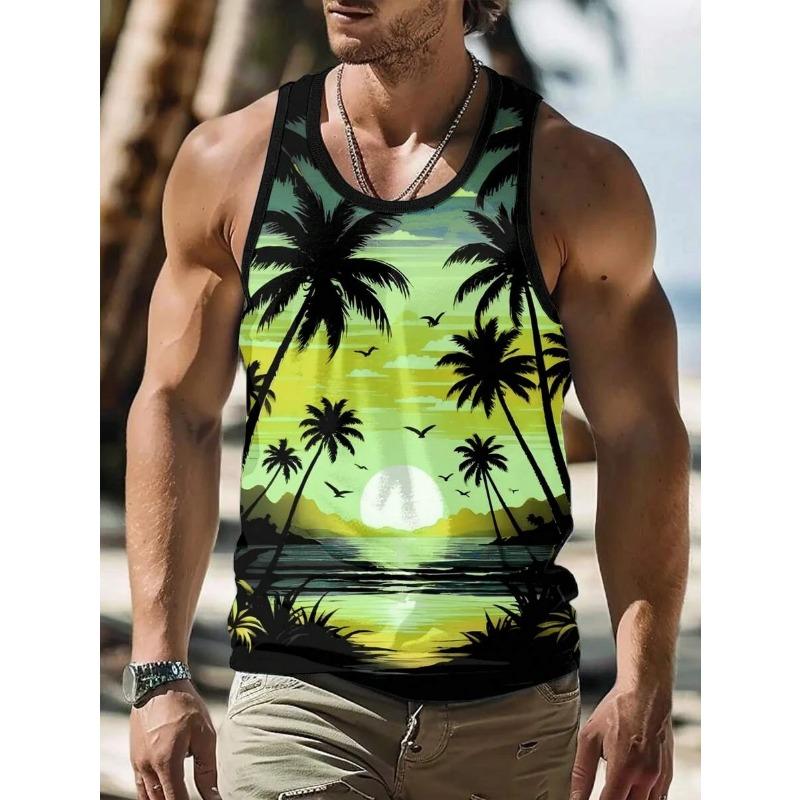 

Летний топ с круглым вырезом, 3D-принтом пляжа и кокосовых пальм, модный повседневный гавайский жилет без рукавов для отпуска, мужские футболки L