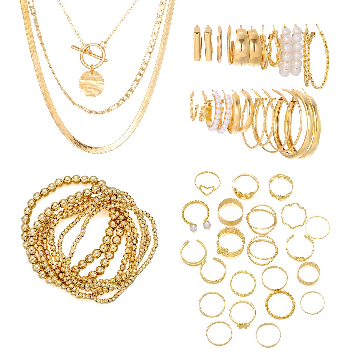 

56pcs Fashion Minimalist Faux Pearl Geometric Snake Bone Chain Butterfly Multi-Layer Necklace Bracelet Ring Earring Jewelry Set