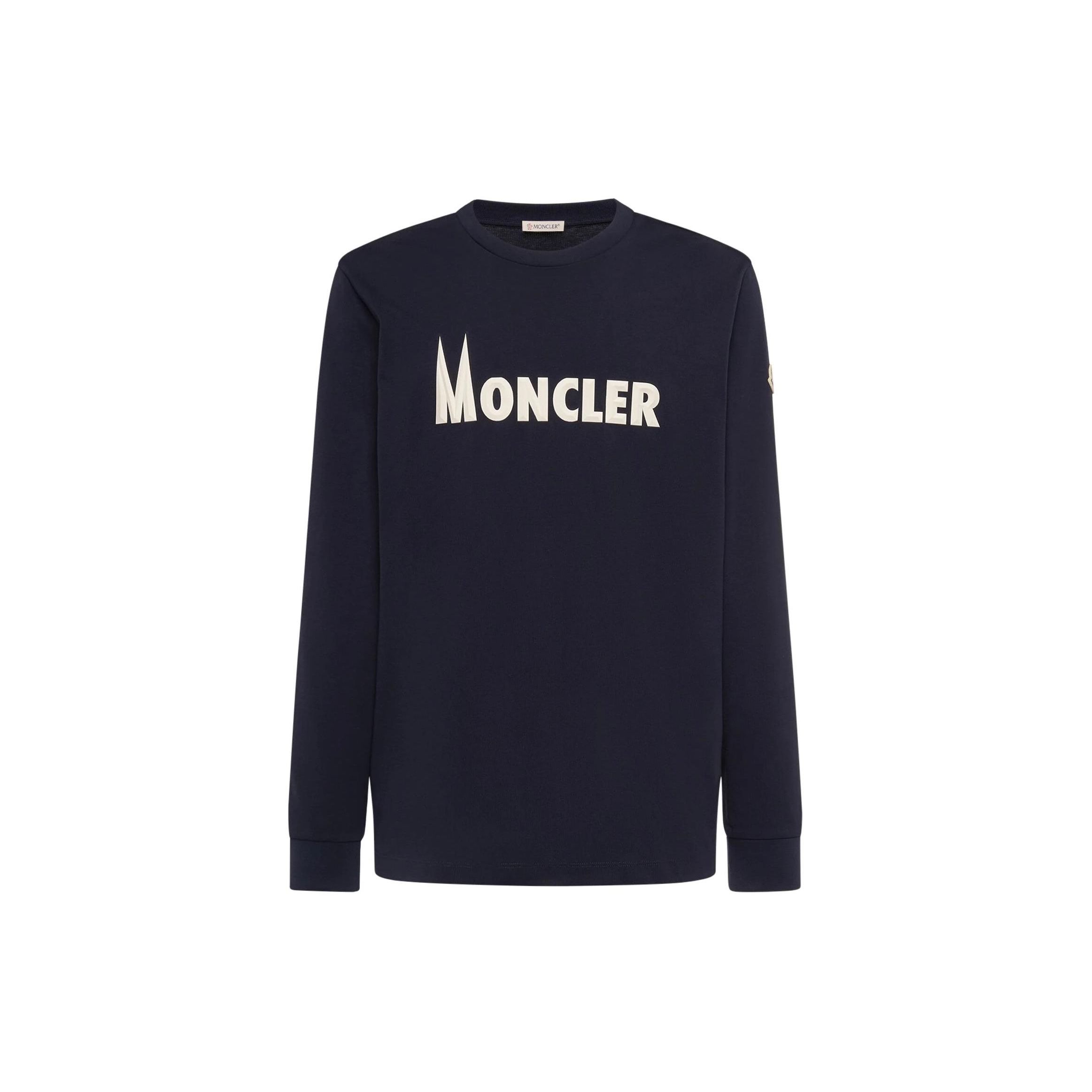 Moncler Logo Effen Gebreide Ronde Hals Lange Mouw T-shirt Heren tops Marineblauw J10918D00008829HP777 M