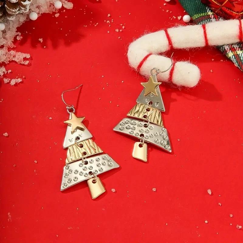Vintage Metal Christmas Tree Long Drop Earrings for Fashion Women Girls Holiday Party Jewelry Acccessories Christmas Gift