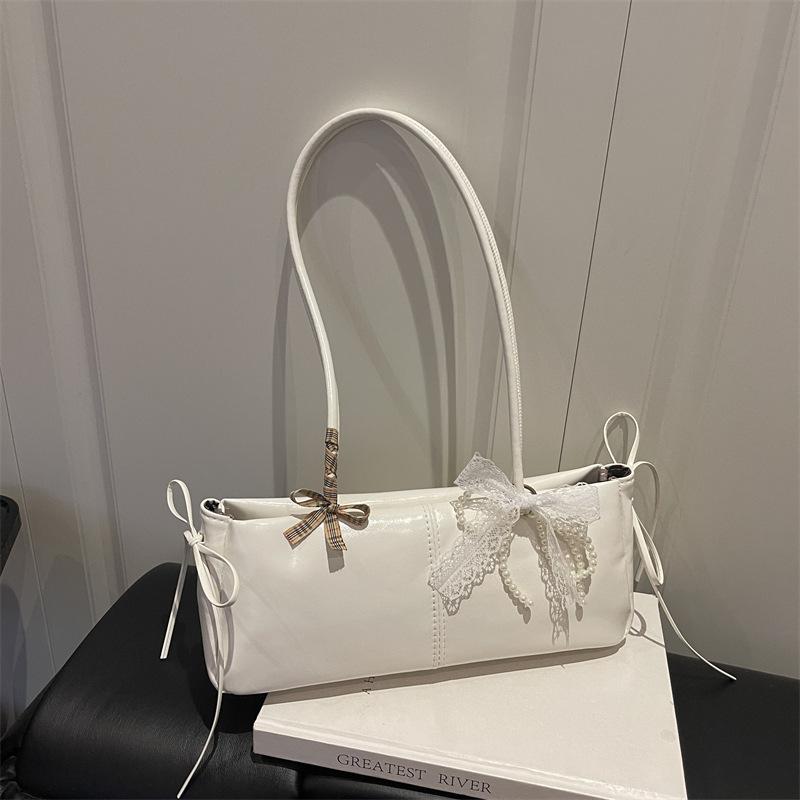 Simple Solid Color Pu Shoulder Bags for Women Sweet Bow Thread Design Ladies Underarm Bag Casual Versatile Female Pillow Handbag
