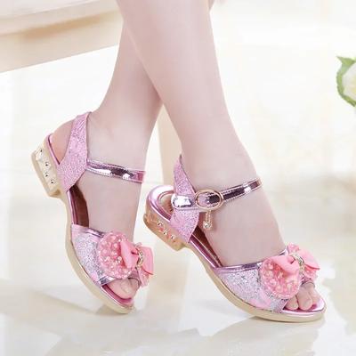 Girls Princess Shoe Summer Children High Heels Open-toe Party Wedding Toddlers Sandals Non-slip Kids Causal Sequins Beach Shoes