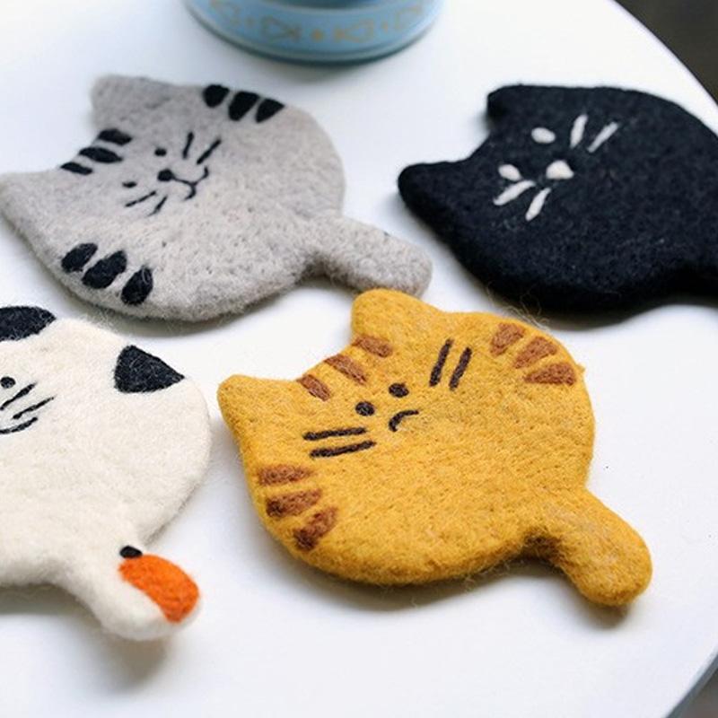 1PC Mugs Cup Cute Table Mat Heatproof For Coffee Cartoon Wool Felt Handmade Placemat Kitten Coaster