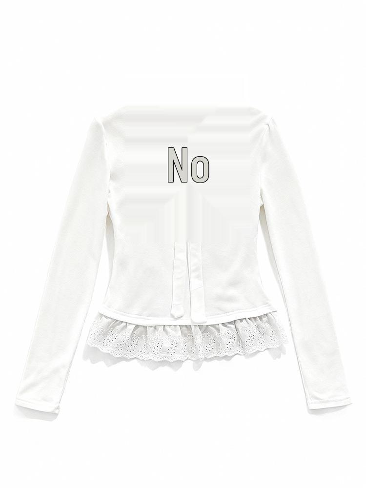 Women's White Lace Trim Bow Long Sleeve Slim Fit 2-in-1 Top for Autumn/Winter