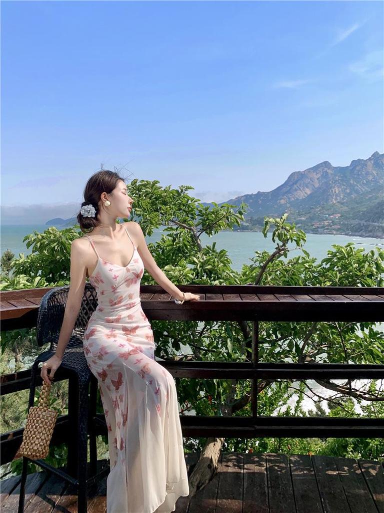 Květinové špagetové šaty s nízkými zády a rybím ocasem pro ženy - Zeštíhlující letní styl