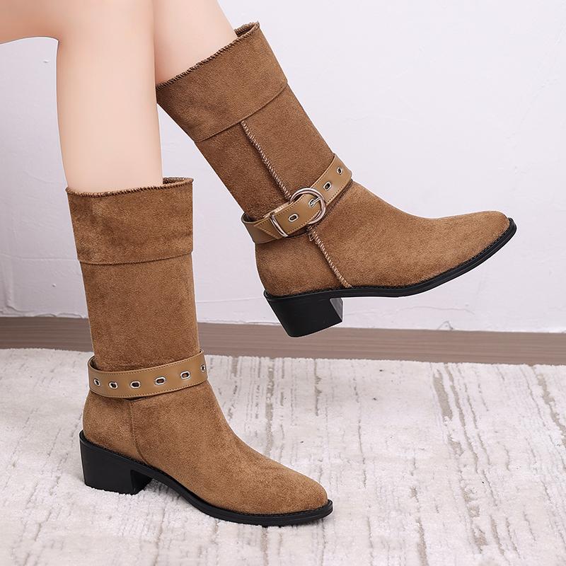 Suede Mid-Tube Boots Autumn New Pointed Toe Sleeve Belt Buckle Soft Sole Non-Slip Block Heel Skinny Boots