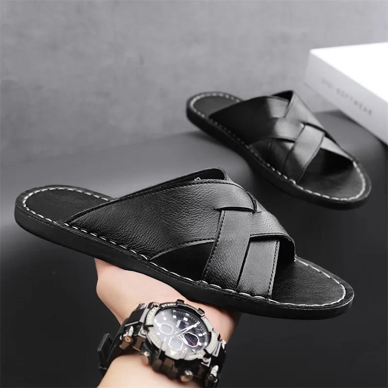Fashion Summer men's slippers, women's flat bottomed beach breathable genuine leather business casual non slip lightweight sandals