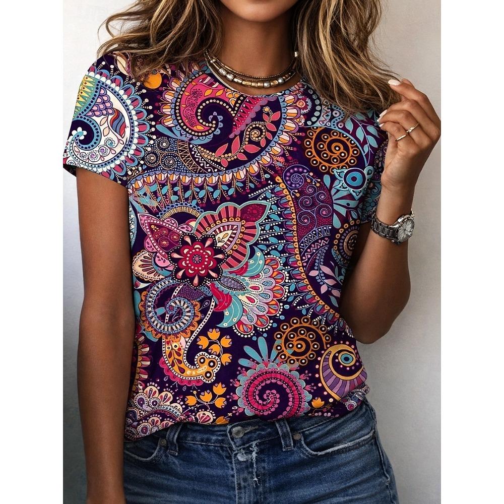 Vintage T-shirt with flower pattern 3D printed women s short sleeved shirt 2XS