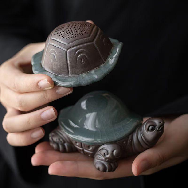 Ceramic Little Turtle Tea Set Filter Cute Animal Figurine - Handmade Sculpture Home Decoration Kung Fu Tea Set Accessories