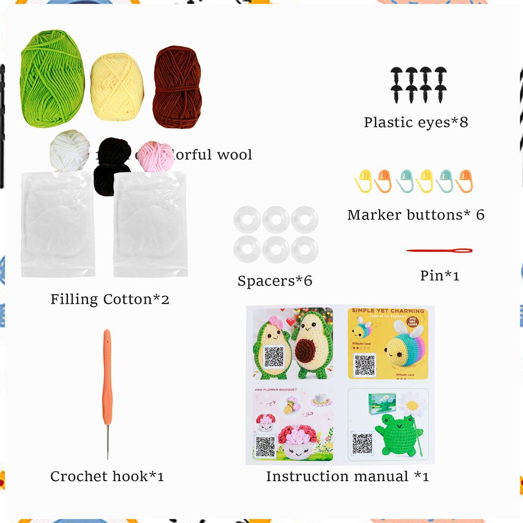 DIY Cute Cartoon Doll Crochet Tool Kit with Wool Stuffing Crochet Hooks Keychain Pendants with Step-by-Step Video Tutorials