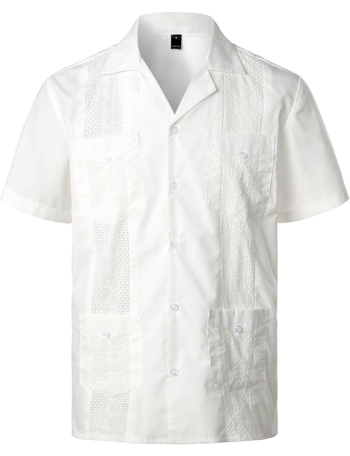 

Men s Cuban Collar Short Sleeve Shirt, Solid Color Casual Button Up Shirt with Chest Pockets, Breathable Textured Fabric 4XL білий