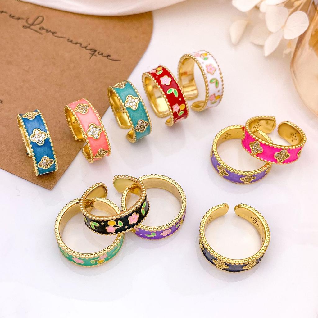 Ring Retro Flower Enamel Color Ring Niche High-end Sense Light Luxury Elegant Fashion Versatile Ring Women Do Not Fade