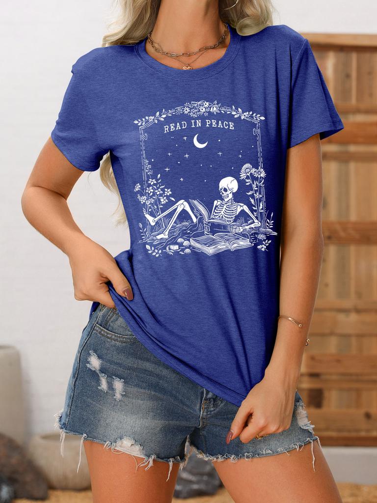 Summer new crewneck Womens casual Tshirt read in peace skull print loose shortsleeved fashion top with all the trend pullove