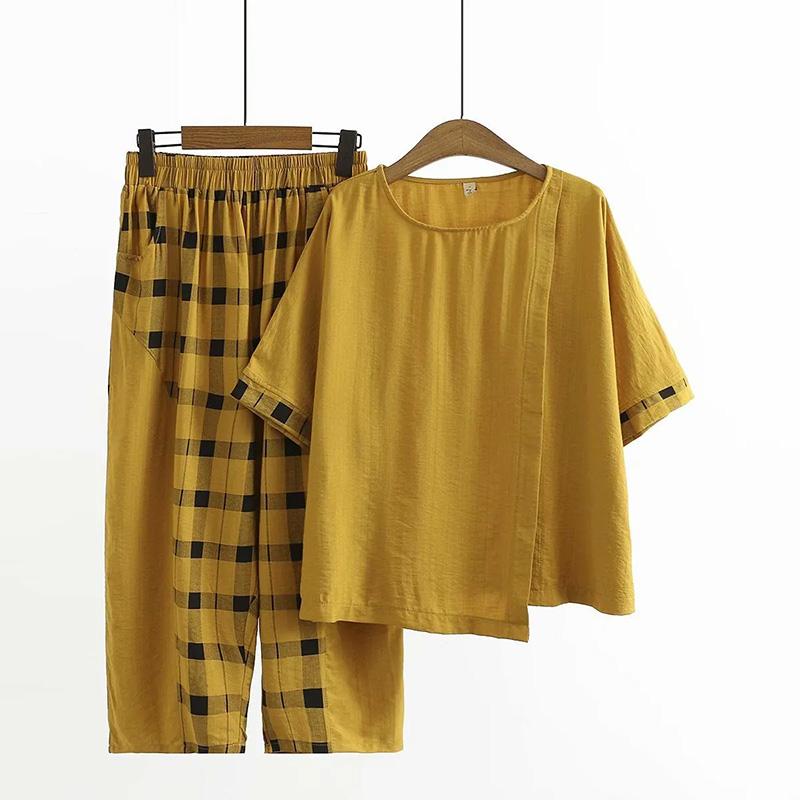 

Женский летний костюм из 2 предметов, хлопковая футболка, брюки, двухпредметный, удобный, с коротким рукавом, топ и длинные брюки, свободный повседневный костюм XXXL жёлтый