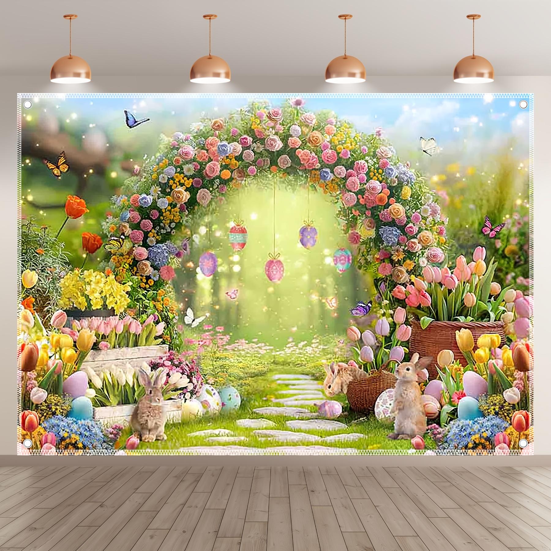 1 piece, Spring Forest Path Easter, Flower Wreath Arch Green Grass Flower Rabbit Easter Egg Butterfly Photo Background 150X100