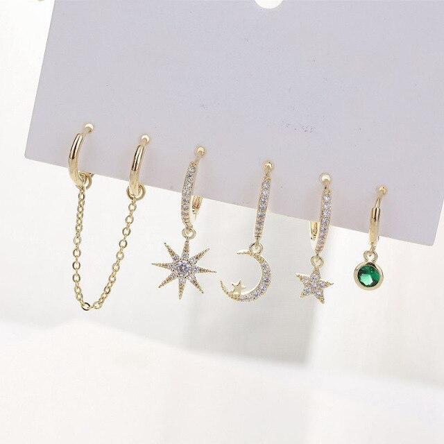 Dazzling Moon Star Double Ear Hole Earrings Sets Mosaic Cubic Zircon Hoop Earring For Women 5-piece Sets S-E1091