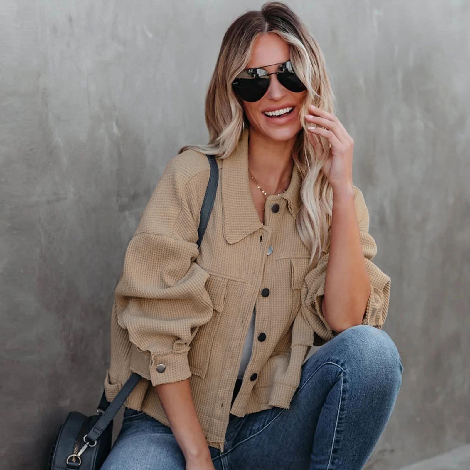 GMXIA Женские однотонные принтованные куртки и пальто с воротником поло с длинным рукавом — фото 8