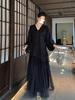 Spring National Style Lantern Sleeve Custom Dyed Dress with Embroidered Lace Patchwork