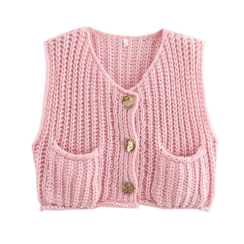 Women's V-Neck Chunky Knit Sleeveless Cardigan Vest - European & American Style, Autumn/Winter 2025