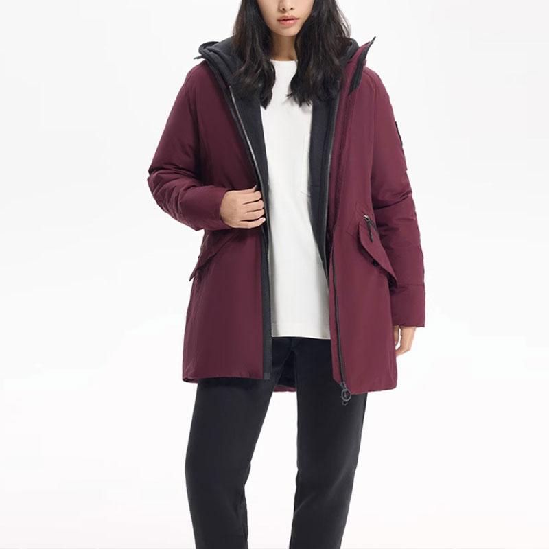 Reebok Prka Solid Color Mid-Length Warm Casual Hooded Zipper Sports Cotton Jacket Women Jackets Deep-Red FT0685