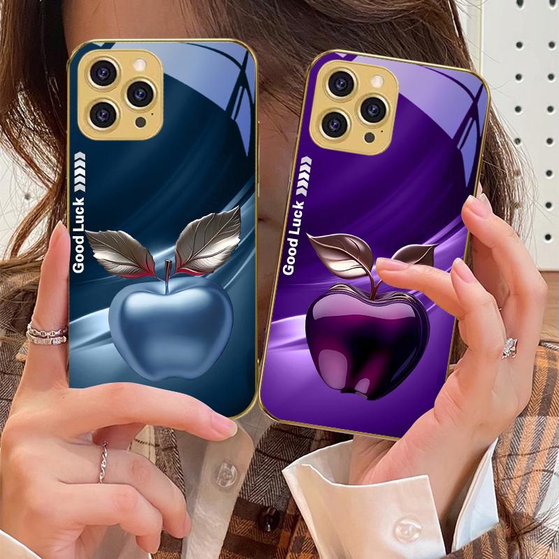 Simple Black Happy Apple For IPhone 16 Pro Max 15 P Ro 14 13 Plus 12 Mini 11Pro Max XS Max XR Golden Tempered Glass Phone Case