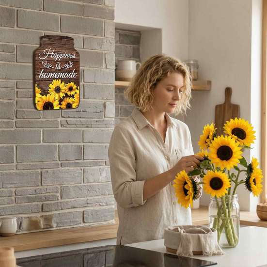 Artistic Wall Decor Panels Mason Jar Shape Decoration, Wooden Art with Sunflower Print, Restaurant Ornaments Retro Rustic Hanging for Farmhouse
