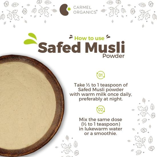 CARMEL ORGANICS Safed Musli Root Powder 100 Grams | Natural | Non-GMO | Siva Musli Podi/Shweta Musli Hudi | Chlorophytum Borivilianum
