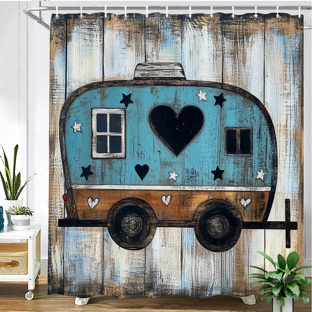 Happy Camping Cartoon Shower Curtain – Fun Car & Tent Print | Bathroom Bath Curtain for Home Decor & Outdoor Lovers
