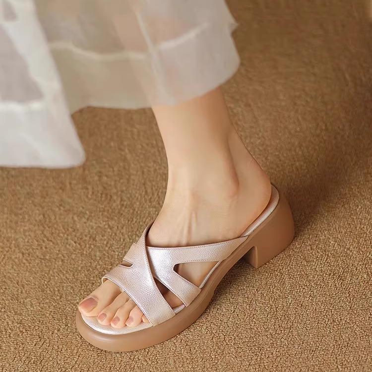 Fashion High-Heeled Shoes Lady Woman's Slippers Slides Square heel Platform 2025 Block Soft Flat Round Toe Casual Leisure  Shoes Women S