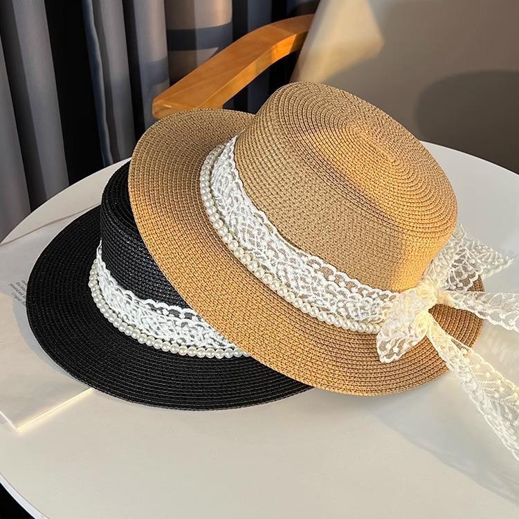 Women'S Linen Beach Sun Hat with Mesh Ribbon Decor, French Style Elegant Summer Sun Protection Hat, Breathable Straw Fisherman Cap with Bow