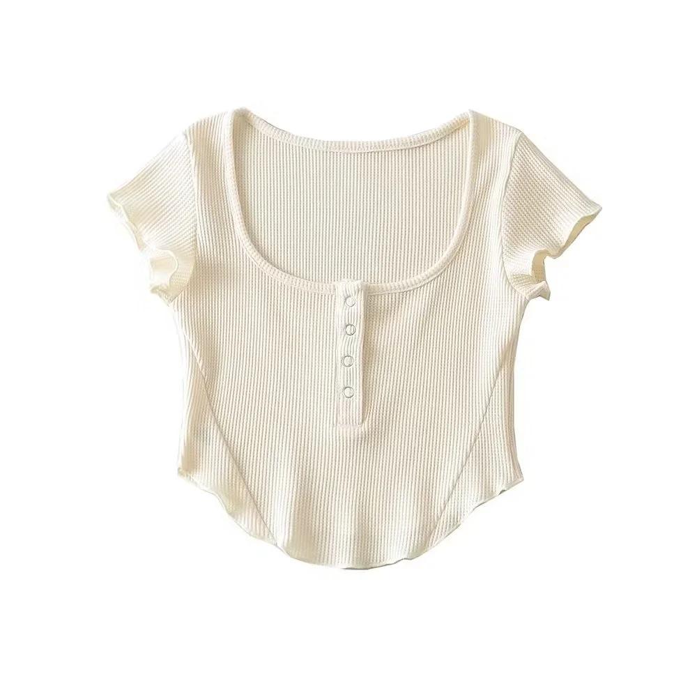 American Style Slim Fit U-Neck Buttoned Waffle Knit Crop Top for Women