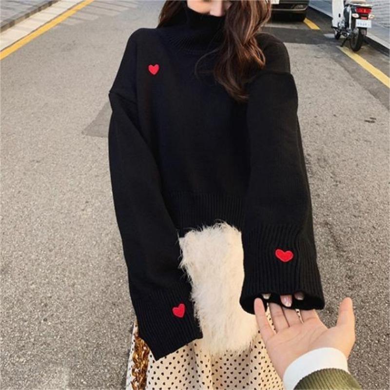 Autumn and winter new pullover sweater women's turtleneck loose and versatile love knitted sweater lazy style top tide