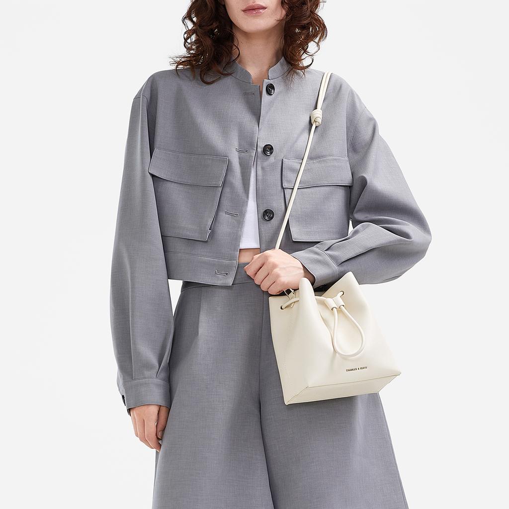 Charles & Keith Minimalist Drawstring Soft Bucket Bag Embossed Leather Women Shoulder Bag Beige Black Gray CK2-10271282