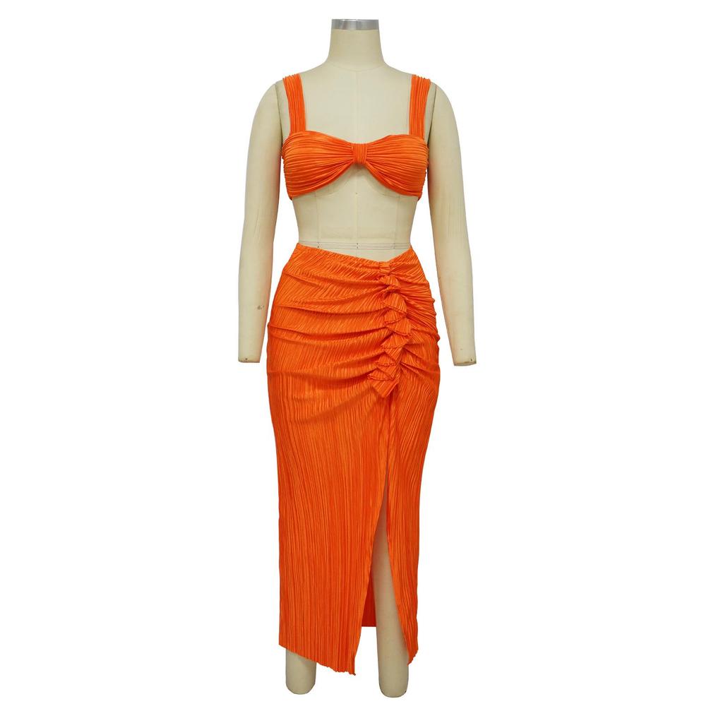 2023 European & American Pleated Backless Camisole and Ruched Skirt Set