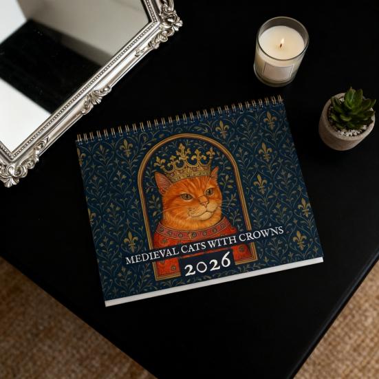 Yousheng 2026 Medieval Cat Calendar with Crowns Whimsical Art Monthly Wall Calendar Unique Gift for Cat Lovers