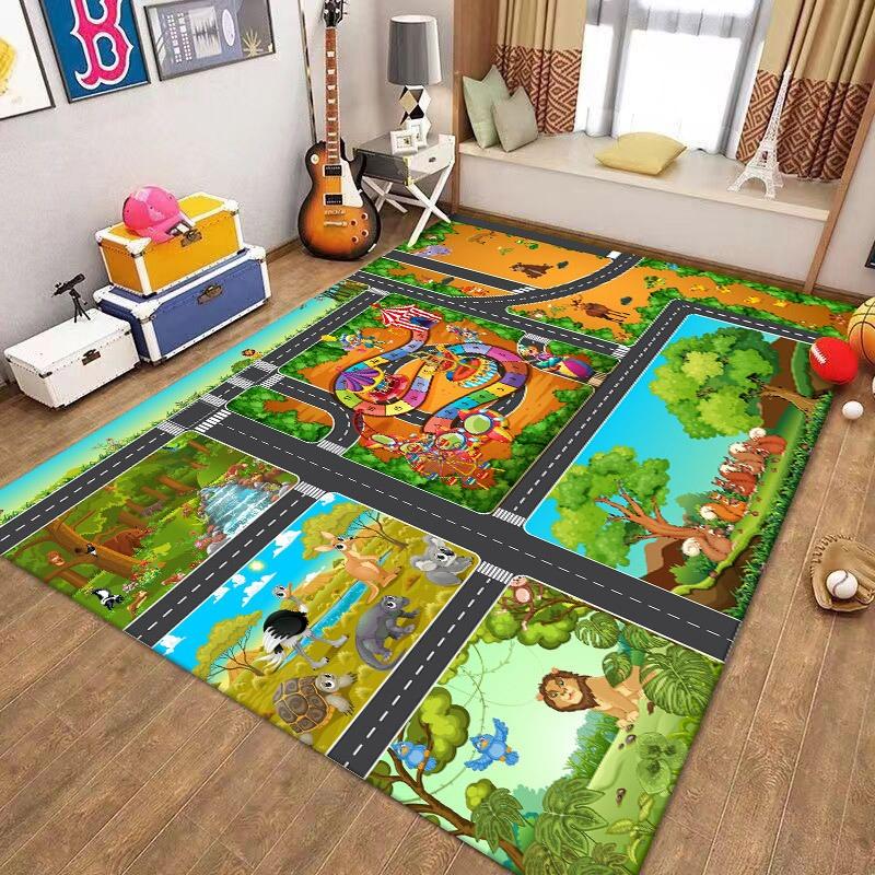 Kids Play Rug with Road Map City Scene Pattern Non Slip Educational Floor Mat for Children's Room Playroom Decor