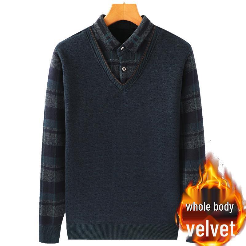 Middle-aged & Elderly Men's Thickened Velvet Knit Sweater Faux Two-Piece
