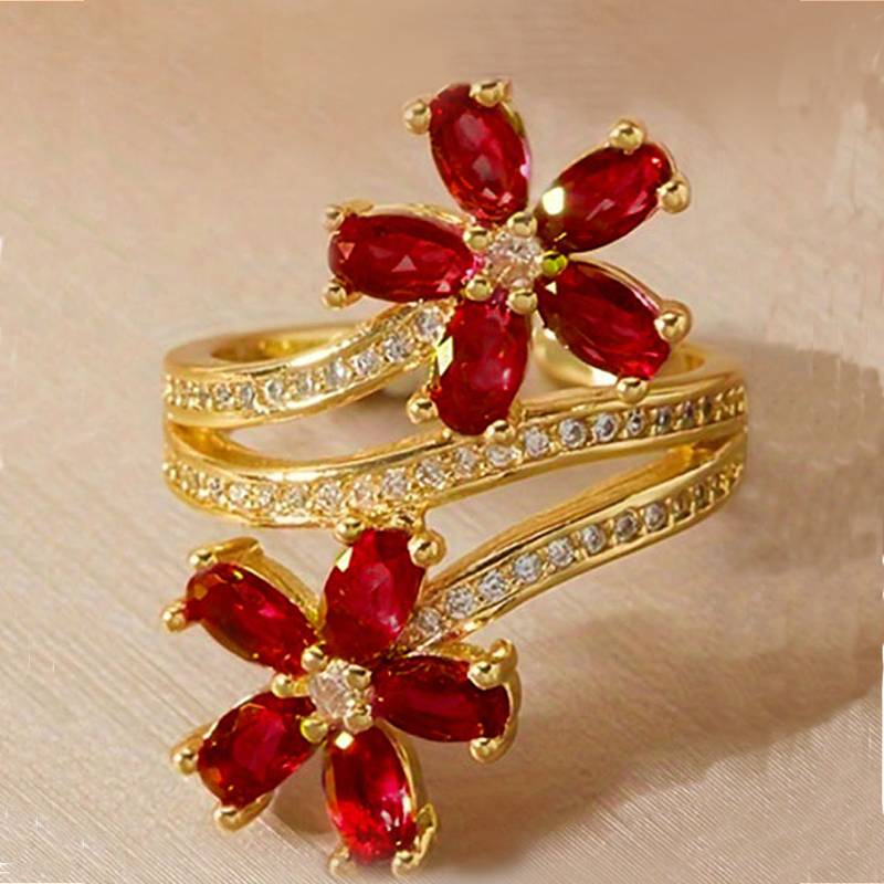 

Huitan Charming Flower Ring for Women Inlaid Bright Red Cubic Zirconia Luxury Wedding Party Romantic Accessories Lady Jewelry 9
