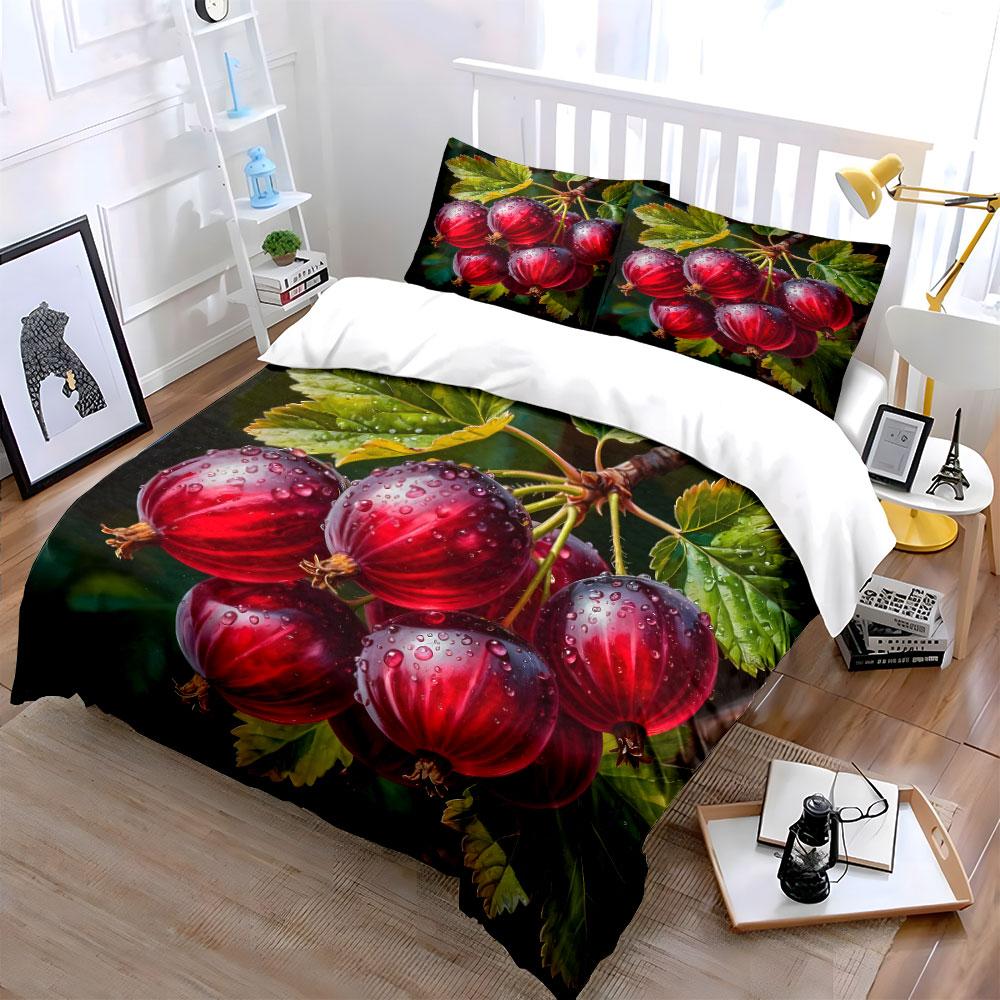 Red Berries With Water Droplets Bedding Set For Kids Luxury Gift 3Pcs Digital Print Comforter Set Soft Comfortable Breathable