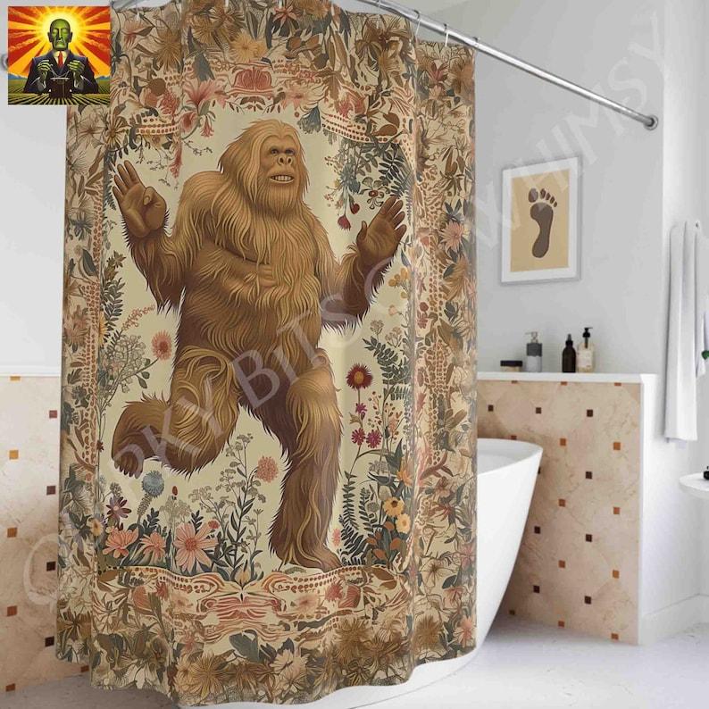 Funny Bigfoot Shower Curtain - Cryptid Bathroom Decor, Weird & Funky Monster Bath Design W90xH180cm