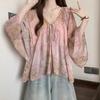 Sommer Chiffonbluse mit 3D-Druck und V-Ausschnitt für Damen