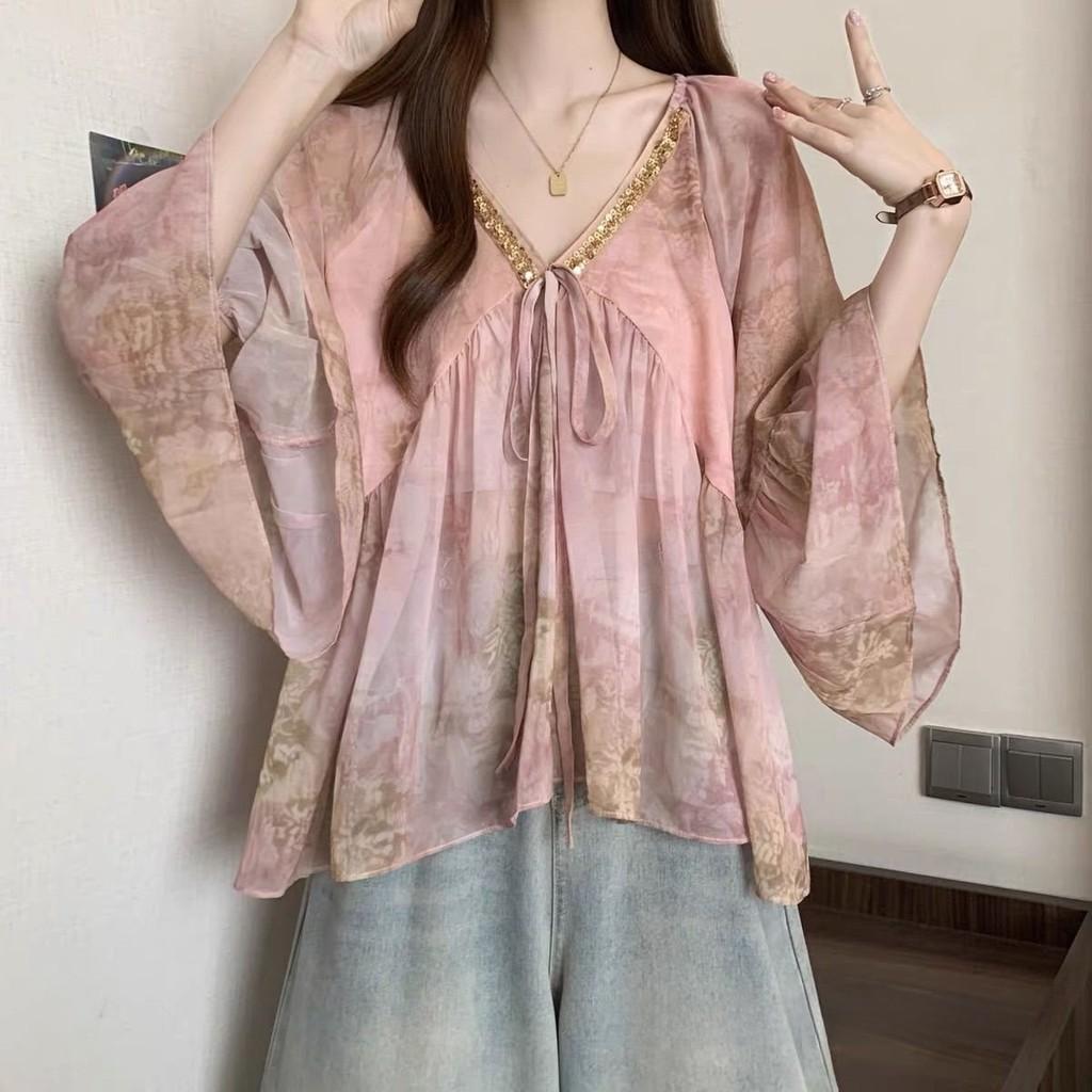 Sommer Chiffonbluse mit 3D-Druck und V-Ausschnitt für Damen