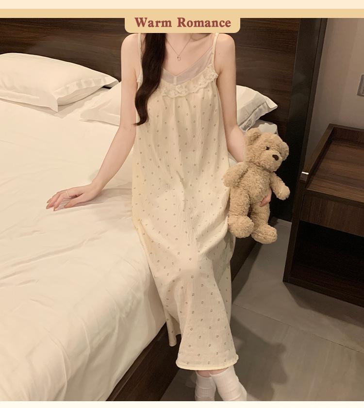 2026 Women's Cloud Cotton Spaghetti Strap Nightgown with Chest Pads, Sweet Long Dress for Home or Outdoors