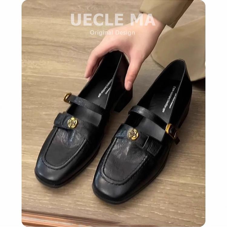 Schafsleder-Modell~ echtes Leder Retro Mary Jane Damenschuhe Ein-Wort-Schnalle mit Loafer kleine Lederschuhe mittlerer Absatz weiche Sohle Französisch einzeln sch